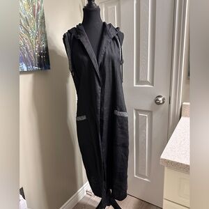 Carre Noir Black Linen Hooded Sleeveless Duster Vest Long Vest Coat